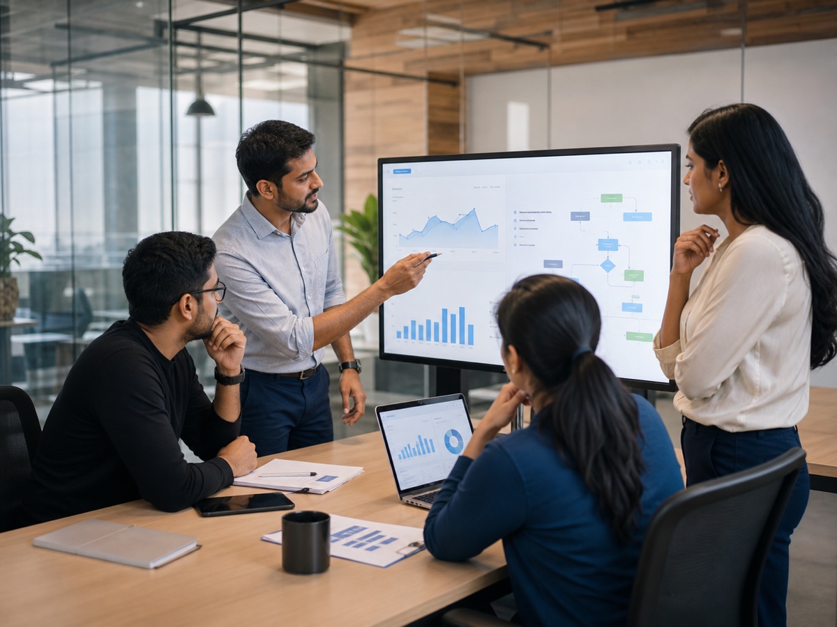 Software professionals collaborating on business analytics and a digital workflow solution