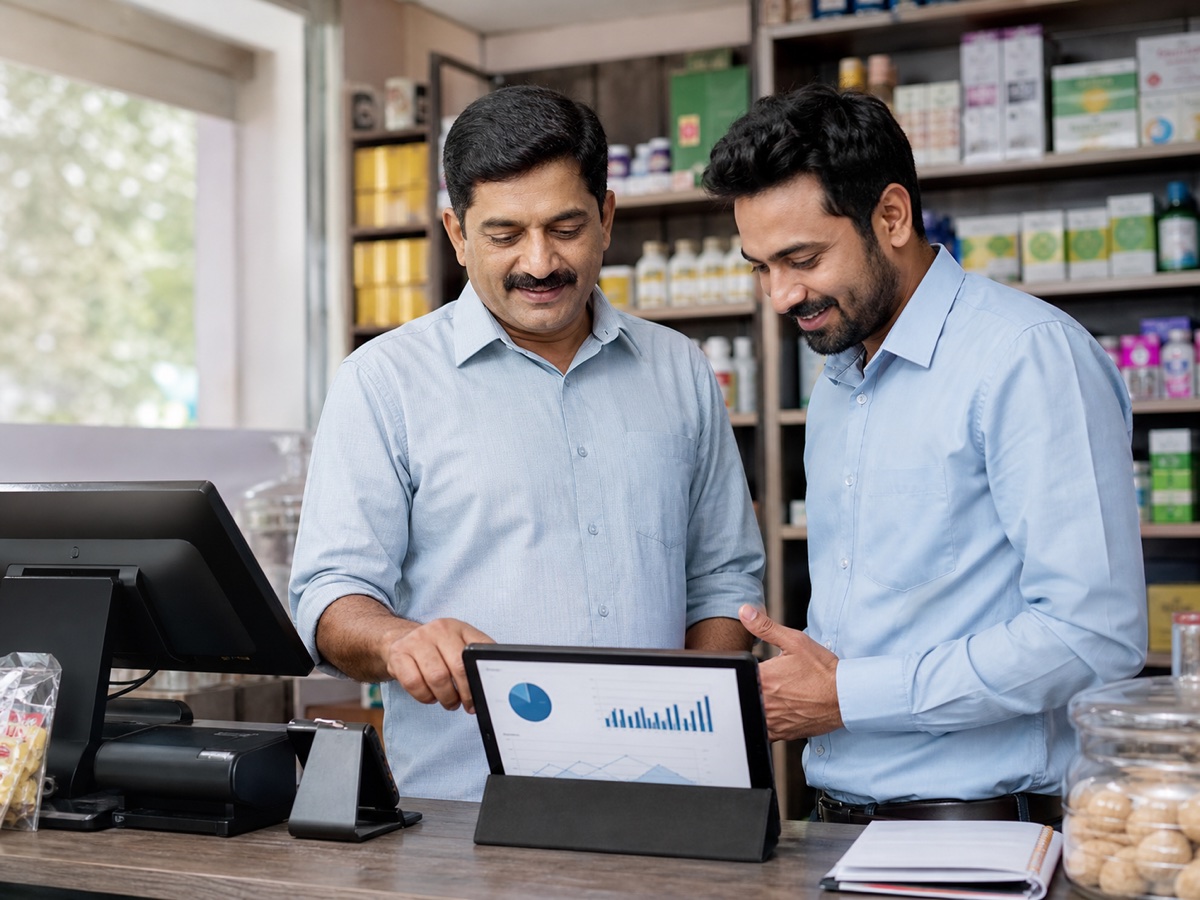 Business owners reviewing POS sales and daily expense analytics