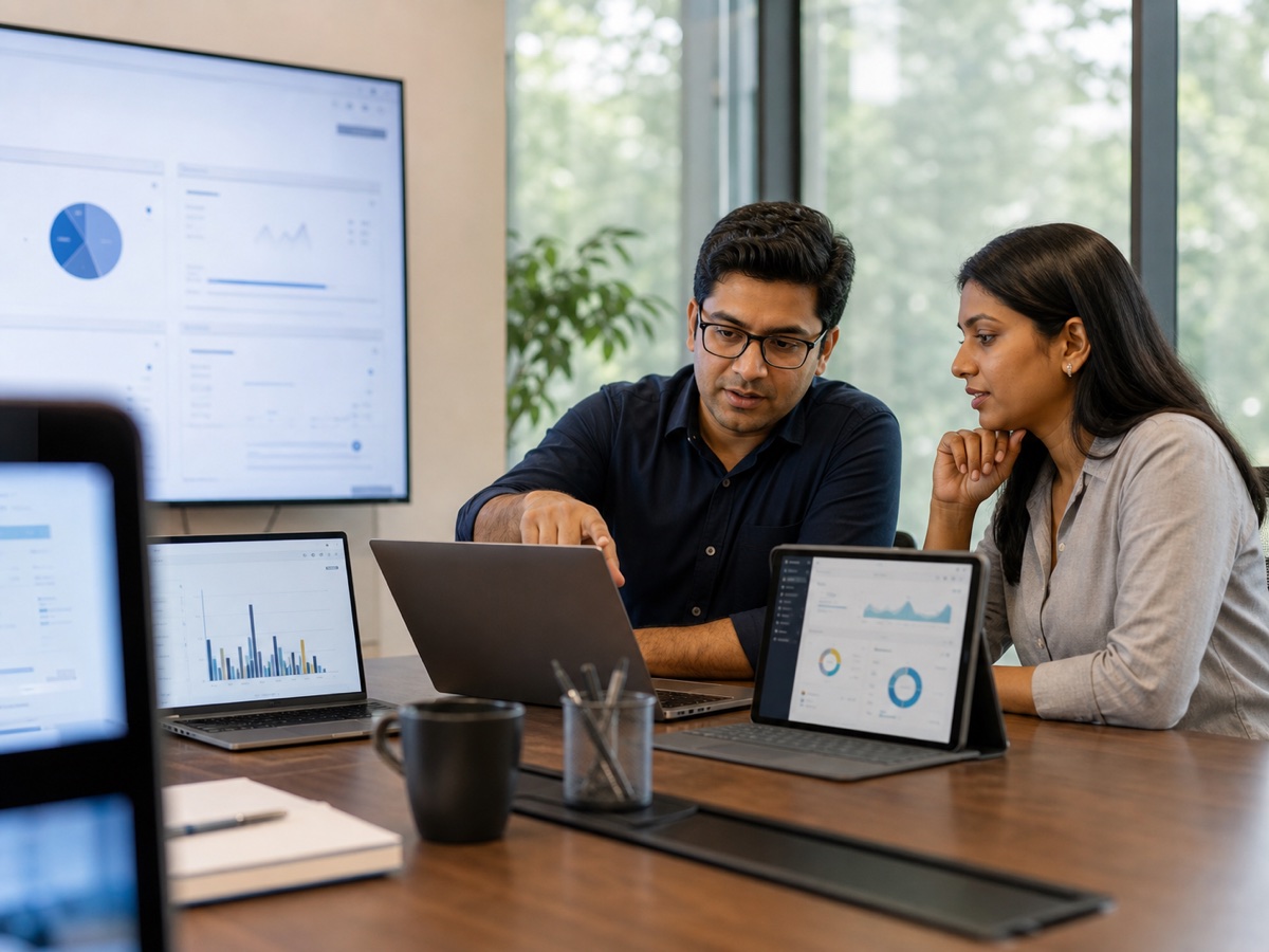 Product specialists reviewing enterprise digital platforms and dashboards