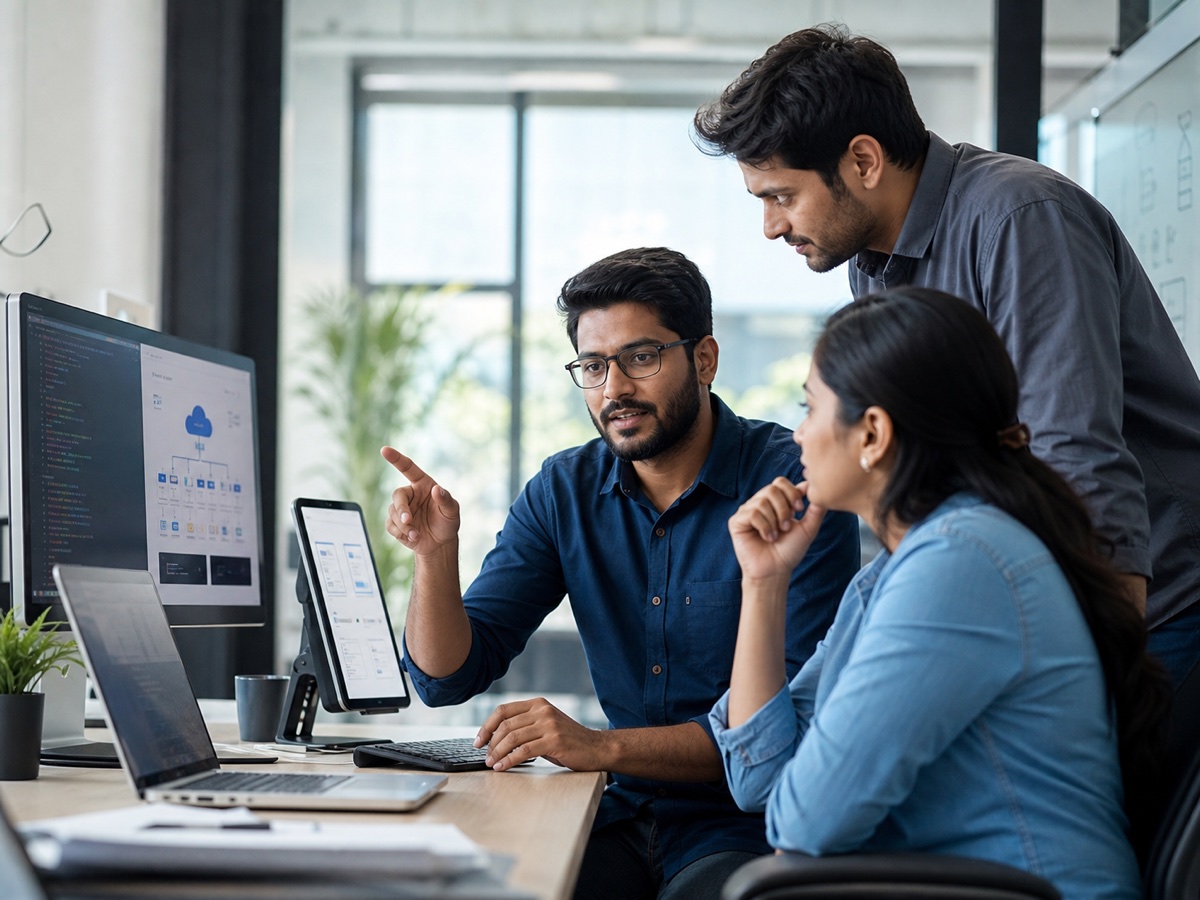 Software engineers reviewing web, mobile and cloud technology services
