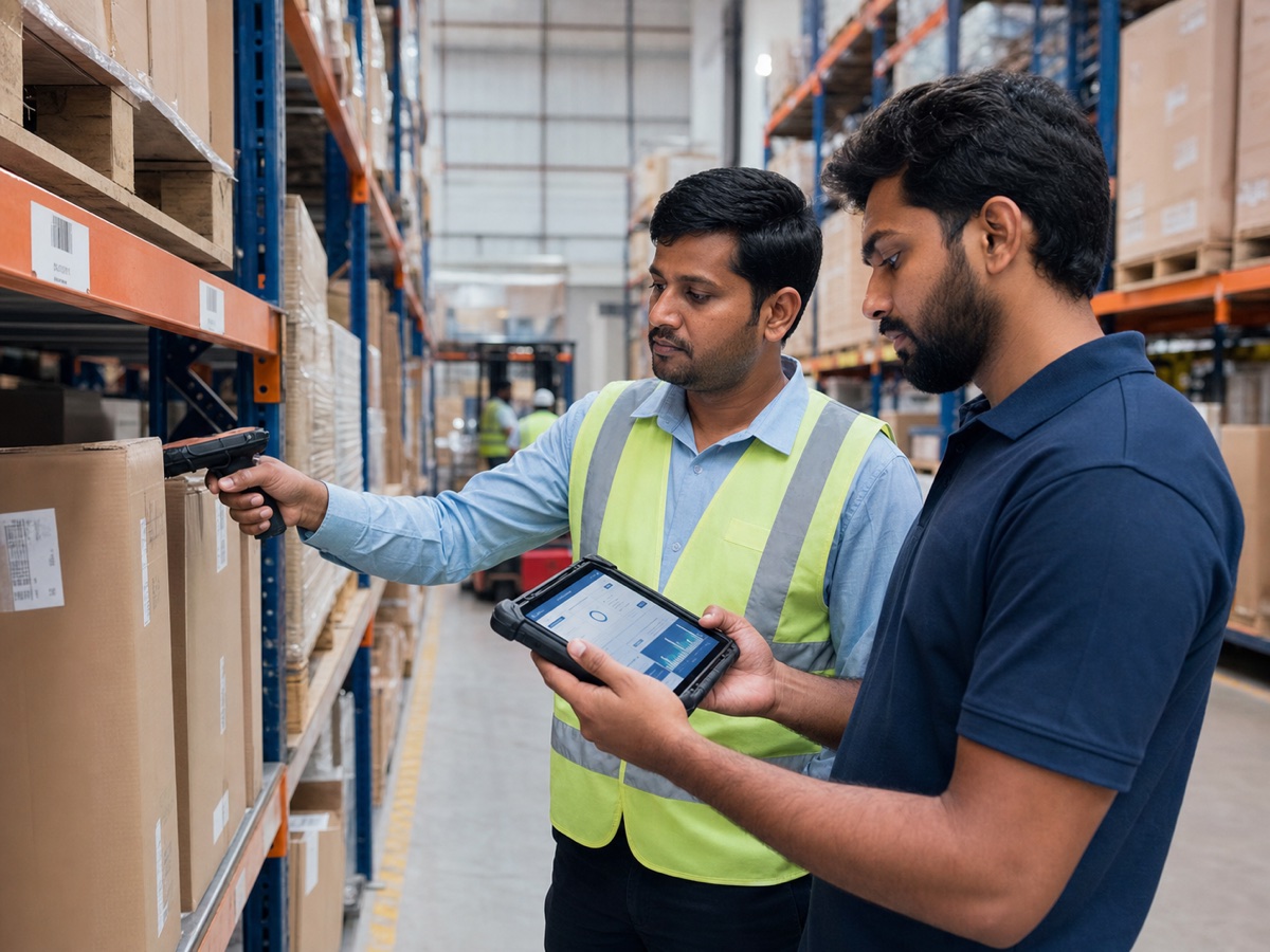 Warehouse operators scanning inventory and reviewing stock data