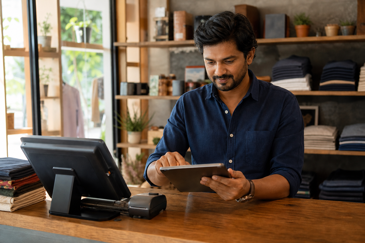 Business owner reviewing sales and expenses at the counter