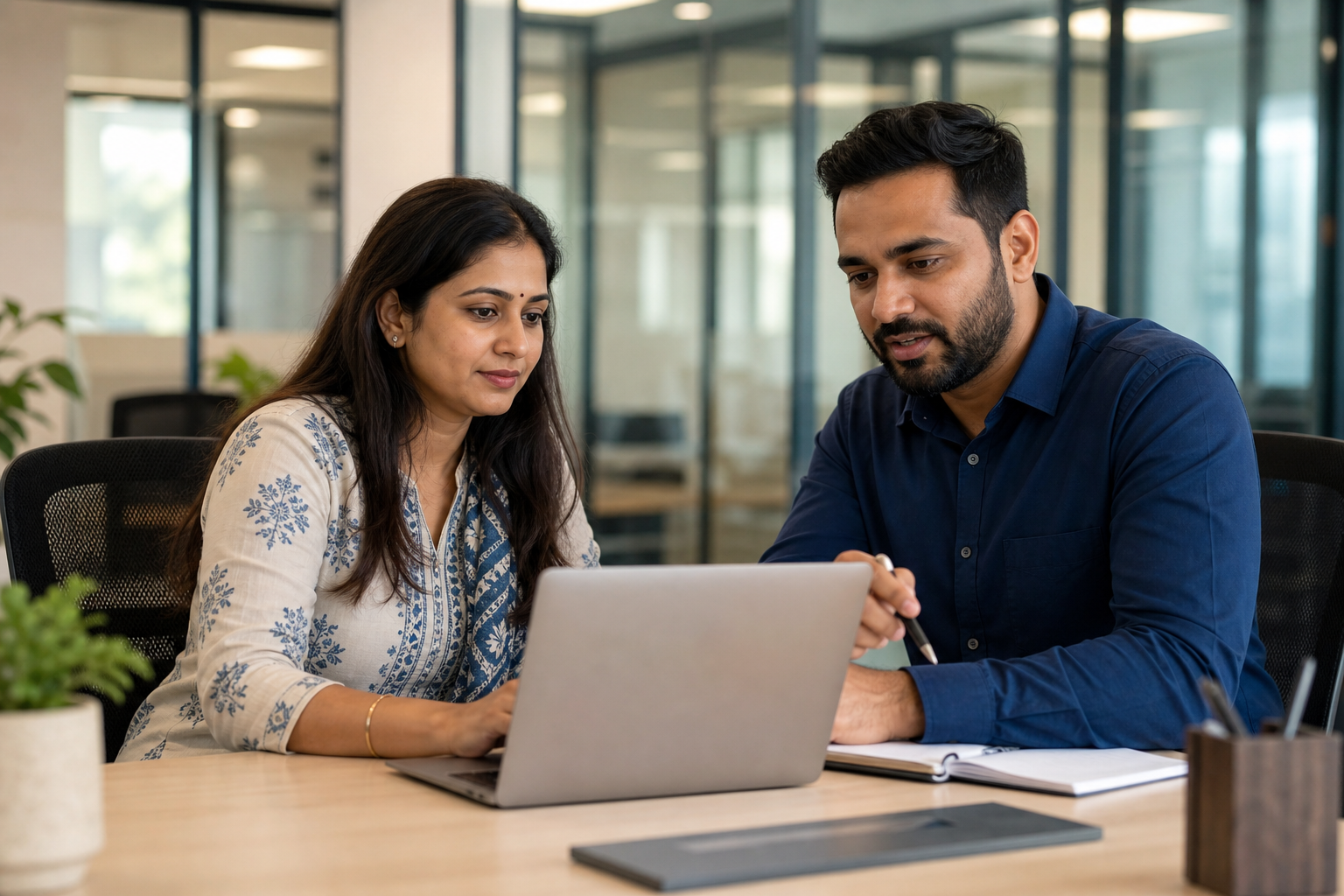 HR manager and employee reviewing workplace information