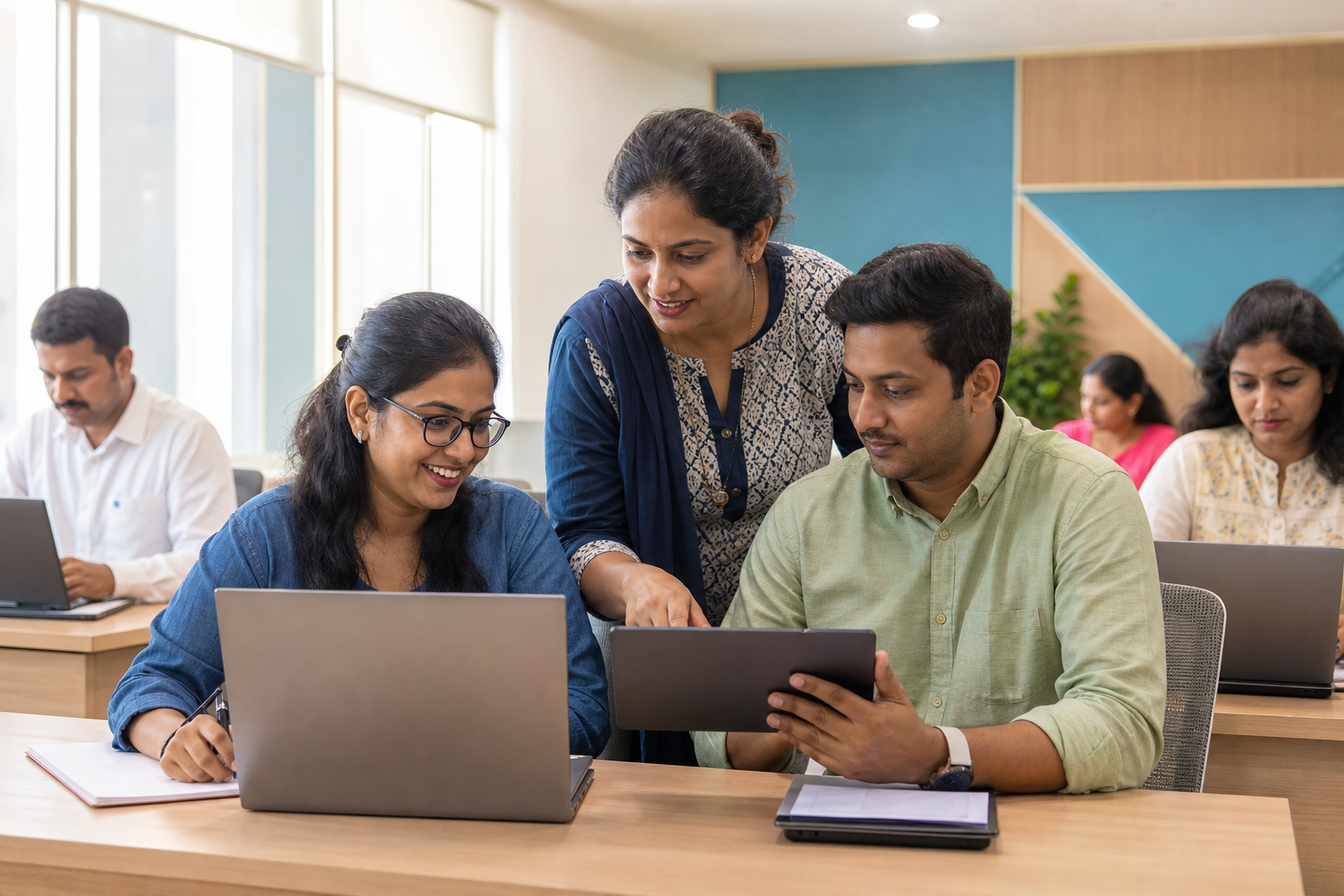 Teacher and learners using a digital learning platform