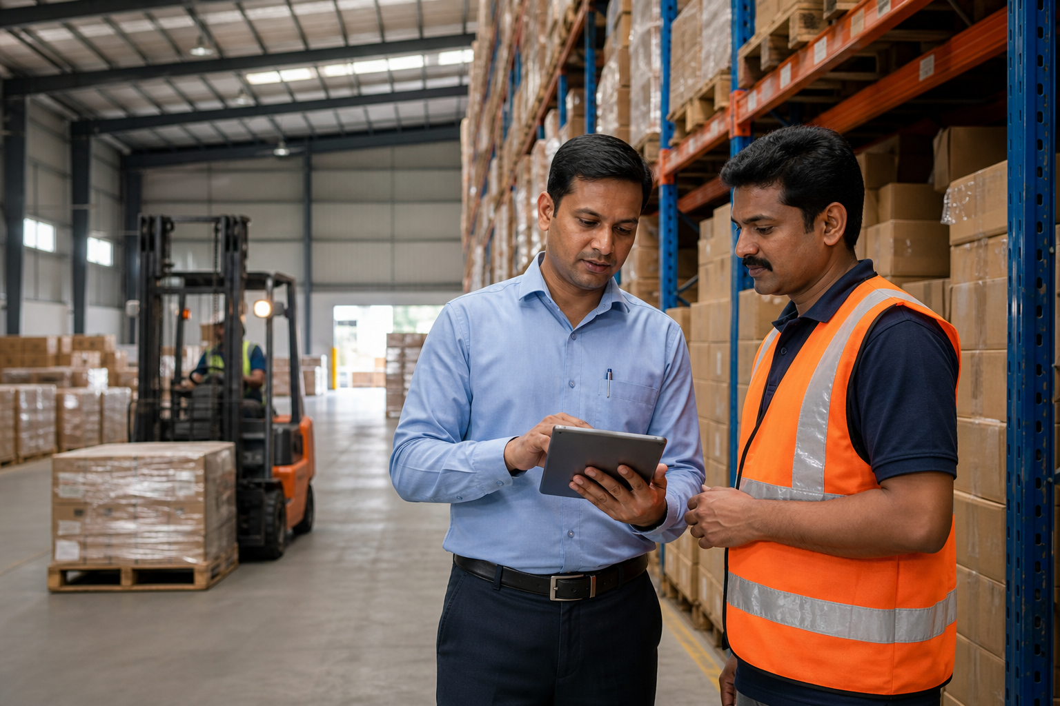 Warehouse team checking inventory and daily operations